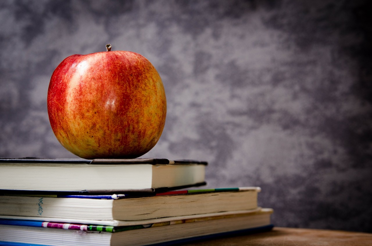 Red apple on top of stack of three books.