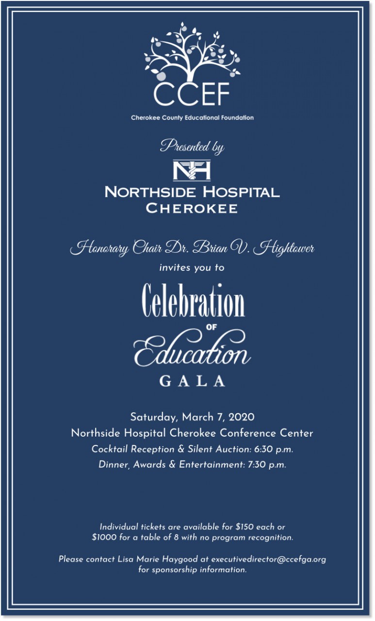 Blue invitation to CCEF Celebration of Education Gala.