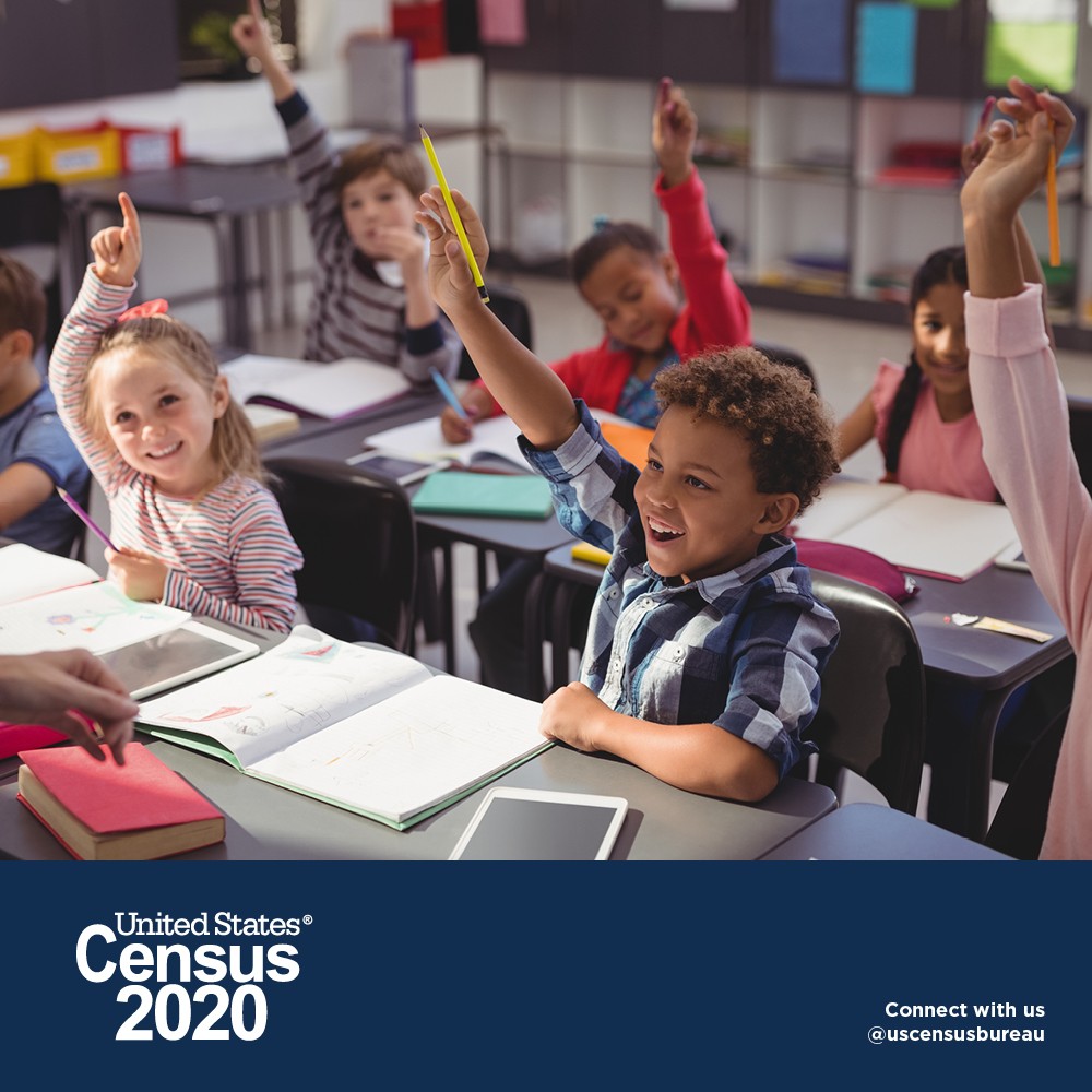 Children raising hands in United States Census 2020 graphic